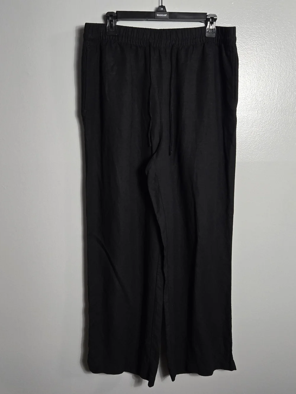 H&M Black Linen Blend Drawstring Elastic Waist Wide Leg Pants Trousers Large